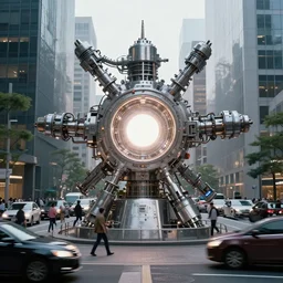 teleportation machine in a city, with people and cars around it, the machine itself is a large metal contraption with a bright light in the center by koson ohara and stephen gammell