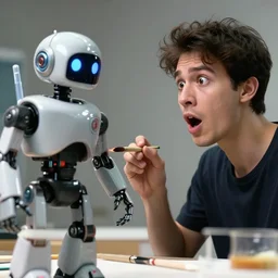 youtube thumbnail of a surprised guy next to a robot with a paintbrush. photorealistic. intricate details. 3 5 mm photograph. dramatic lighting. action shot. absolute focus. masterpiece.
