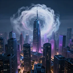 cyberpunk view of a bunch of buildings with a swirling magical cloud, octane render