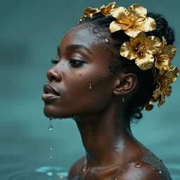 hyperrealistic baroque cinematic profile very expressive! black oshun goddess, in water! up to shoulders, mirror dripping droplet!, gold flowers, highly detailed face, digital art masterpiece, smooth eric zener cam de leon, dramatic pearlescent turquoise light on one side, low angle uhd 8 k, shallow depth of field
