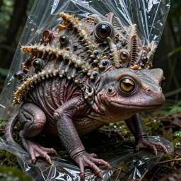 a high resolution photo of a complex head, body grown together various animal eyes, arms amphibia hairless veins wrinkles morphing nature documentary, in a dark forest, cracked plastic wrap, insect gills morph scales merged in fur skin, wrinkled muscles skin, veins merged feet head, displacement, distorted animal head face eyes arms tail 1 9 0 2