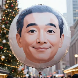 macys parade balloon in the shape of a giant middle - aged man!! dressed in a suit with wavy blonde hair, press photo, hyper realism
