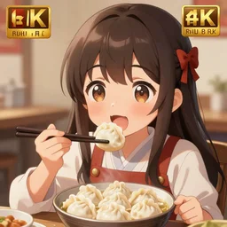 happy cute anime girl eats dumplings, concept art, trending on artstation, highly detailed, intricate, sharp focus, digital art, 8 k