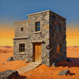 a surrealist painting of a melting lava stone building with wooden doors and a glass window. on a hill in the spanish sahara in the scorching sun, in the style of escher