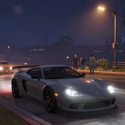a sport car in gtav with street lights at night. len blur. art by ismail inceoglu, filip hodas, and pixar.