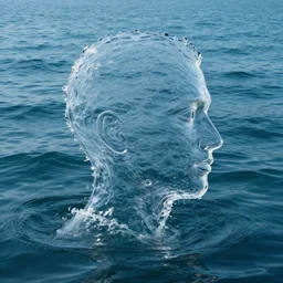 water artwork manipulation in the shape of a human head, on the ocean water, ray tracing, realistic water sharp focus, long shot, 8 k resolution, cinematic, photoshop water art