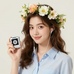 a girl!!! with a flower crown!! brown hair!! button up shirt! ipod in right hand! earphones in ear! bubbly! artstation! realistic! high details!