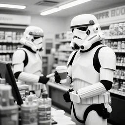 film still of a storm trooper holding a cup of coffee in a convenience store working as a clerk in a convenience store checking out a storm trooper in the new Star Wars movie, 4k, black and white