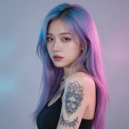 beautiful asian girl with tattoo's and blue pink purple hair looking in the camera with misty and glowing background, new wave, portrait, 8 k, digital art