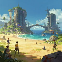 photo environement post futurist beatch : 4, 4 k rtx hdr volume light concept studio matte painting environement digital illustration style art that looks like it is from borderlands and by feng zhu and loish and laurie greasley, victo ngai, andreas rocha, john harris by jesper ejsing, by rhads, makoto shinkai and lois van baar