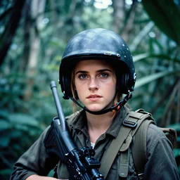 film still, extreme far view, emma watson, wearing m 1 helmet, jungle, vietnam door gunner, apocalypse now, associated press, 2 6 mm, kodak ektachrome, blue tint expired film,