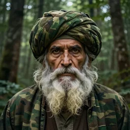 stunning forest camouflage art landscape looks like a hidden face of a wise old man in a turban with a long beard dreamy surrealism, masterpiece, golden mean, award winning by bev doolittle