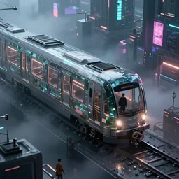 cyberpunk moody isometric scene with futuristic train made of glass and a man standing inside of the train, high angle. With foggy cyberpunk neon city as a background. Digital art, octane render, unreal engine, realistic