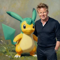 gordon ramsay with a exeggcute pokemon painting by gaston bussiere, craig mullins