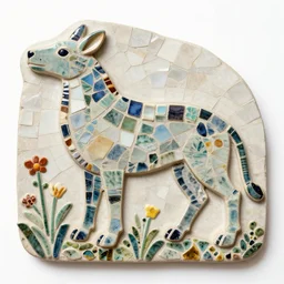 mosaic sculpture of a chimera!!!, irregularly shaped mosaic tiles, hand glazed pottery shards, in the style of folk art, in a cottagecore flower garden