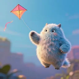 fluffy monster flying a kite. award - winning 3 d animation by an indie studio, rimlighting, depth of field, limited but vibrant palette, intricate details, impressionism, chiaroscuro, bokeh.