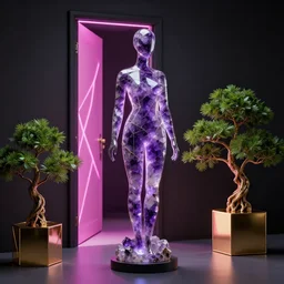 beautiful mannequin sculpted out of amethyst by billelis + lit with geometric neon + kintsugi, facing a doorway opening with neon pink geometric light + gold geometric cubed bonsai plants!!!, clean linework, dramatic, finely detailed, rule of thirds, moody, award winning, 4 k, trending on artstation, photorealistic, volumetric lighting, octane render