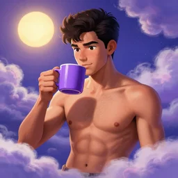 portrait of a ( ( ( una taza de cafe grande y morada ) ) ), ( ( guapo joven caliente espanol pecho ) ), nubes y magia, el sol, concept character, perfect hands, by greg rutowski and tezuka and oi and mucha and bierstadt and remington, trending on artstation