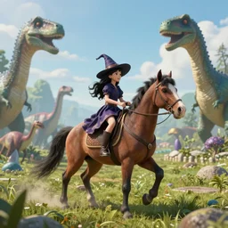 The black-haired young witch travels on her horse to the land of dreams among dinosaurs, unreal engine 4