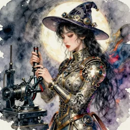 korean women's fashion machine witch, intricate watercolor cyberpunk vaporwave portrait by john singer sargent