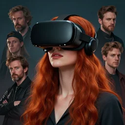 concept art, a beautiful highly detailed redhead in vr headset, cinematic moody colors, realistic shaded lighting poster by ilya kuvshinov, magali villeneuve, artgerm, jeremy lipkin and michael garmash and rob rey