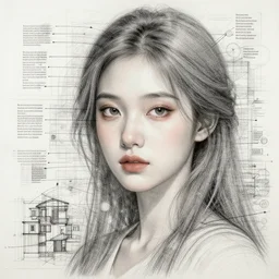 The face of a very beautiful goddess radiating An artwork made from layers of technical drawings and architectural plans, very detailed and intricate with callout texts, leaders, arrows and bubbles by Kim Jung Gi, 8k,  xparticles