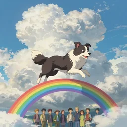 highly detailed illustration of a border collie jumping over a rainbow, high exposure, cummulonimbus clouds by makoto shinkai, by oliver vernon, by joseph moncada, by damon soule, by manabu ikeda, by kyle hotz, by dan mumford, by otomo, 4 k resolution