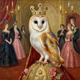 the royal king's barn owl at a ball party by greg hildebrant lisa frank fancy rococo baroque regal oil painting high quality award winning clothed in fancy garb