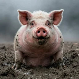 photograph of the world's fattest pigman emerging from a pit of thick grey mud, big teeth, big evil watery eyes, human hands, menacing, murky, foggy atmosphere, directed by mario bava
