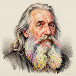 a stunning ultra realistic pencil drawing of  content old man with a long colourful beard, peaceful and graceful, by dirk  dzimirsky and tom bagshaw, studio portrait, bright colours, melancholic, catchlight in the eyes, 4K