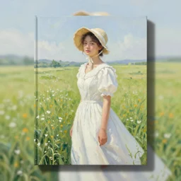 young pioneer lady in a meadow, white dress and bonnet, book cover, oil