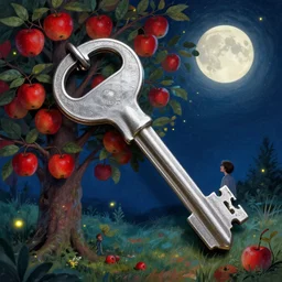 there is a very large silver key. fine detail. realistic. fireflies. full moon. colourful. folk horror art style. bright red apples on a tree. young man