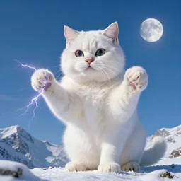 giant white cat on a snowy mountain with lightning coming out of its hands, blue sky background with moon