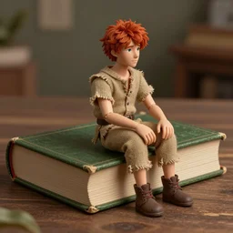 diminutive young man sitting on a huge book. The man is red haired and is wearing burlap clothes. The book is closed, with a green cover, it is far larger than the man and rests on a table. Digital detailed art trending in Artstation.
