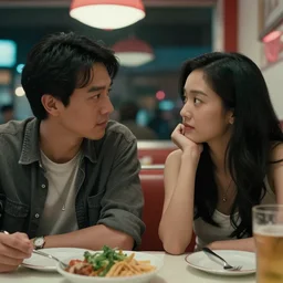 VFX movie interior closeup beautiful Asian couple closeup sitting at 50s diner, night in the city, by Emmanuel Lubezki