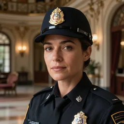 cinematography closeup portrait of a woman cop in an decadent mansion foyer by Emmanuel Lubezki