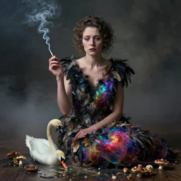 photographic portrait of sad max ernst woman swan dried melting floral fungus with spiraling cigarette smoke, wearing a dress made of feathers, colorful nebula, in fog, editorial