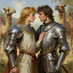 attractive arthur pendragon and his favourite attractive male knight, they are in love, camelot, natural lighting, path traced, highly detailed, high quality, digital painting, by gaston bussiere and ross tran and j. c. leyendecker and alphonse mucha