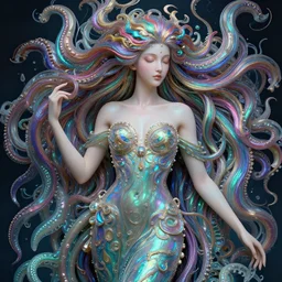a photorealistic detailed image of a beautiful vibrant iridescent sea goddess with colorful flowing tentacles hair, detailed, intricate, elegant, highly detailed, digital painting, artstation, concept art, smooth, sharp focus, illustration, art by hana yata, artem demura, alphonse mucha, octane render, unreal engine, 8 k