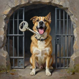 ultra wide full length painting of a dog holding a giant key with mouth, cave prison, highly detailed, high resolution, oil in canvas