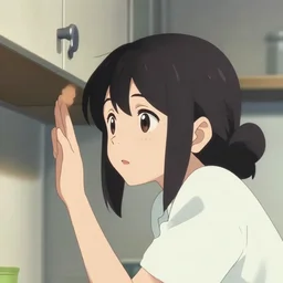 anime film visual portrait of a young woman looking in a kitchen cabinet from a distance, finely detailed facial features, cute face by ilya kuvshinov, makoto shinkai, katsura masakazu, kyoani, dynamic pose, crisp and sharp, yoshinari yoh, anime poster, ambient light, 4 k, headshot