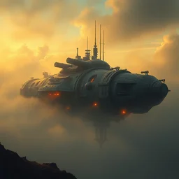 the spaceship emerges from the fog, weathered metal, atmospheric lighting, golden hour, intricate painting by greg rutkowski, rhads, ferdinand knab, makoto shinkai lois van baarle, ilya kuvshinov, ruan jia, tom bagshaw