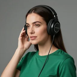a woman wearing headphones and a green shirt, a picture by mac conner, trending on cg society, american barbizon school, studio lighting, high quality, high resolution