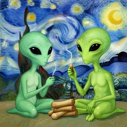 two aliens smoking a joint, van gogh style