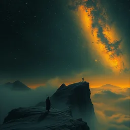it is lonely at the edge of the world, melancholic, vibrant night sky, warm lighting, cinematic, highly detailed, masterpiece by craig mullins, ruan jia, greg rutkowski, jakub rebelka, caravaggio