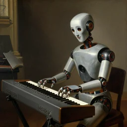a baroque painting of a robot musician in a studio playing a synthesizer