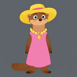 detailed flat 2 d : female marten character : wearing jewelry : wearing a pink dress : wearing yellow hat : head torso legs feet : lorax movie : artstation : simple cel shade