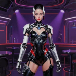 ultra realist soft painting render of the inside of a futuristic nightclub, beautiful cyberwear armored cyborg dancer, symmetry accurate features, very intricate details, black white red purple color palette, masterpiece award winning, cinematic lighting, focus, tom bagshaw artstyle