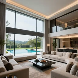 a modern style living room in a big mansion next to a giant window overlooking the pool, 8 k resolution, sharp focus, wide lens, interior design photography, ray tracing