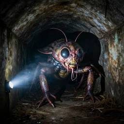 inside abandoned sewers, flash photography, disgusting giant insect creature
